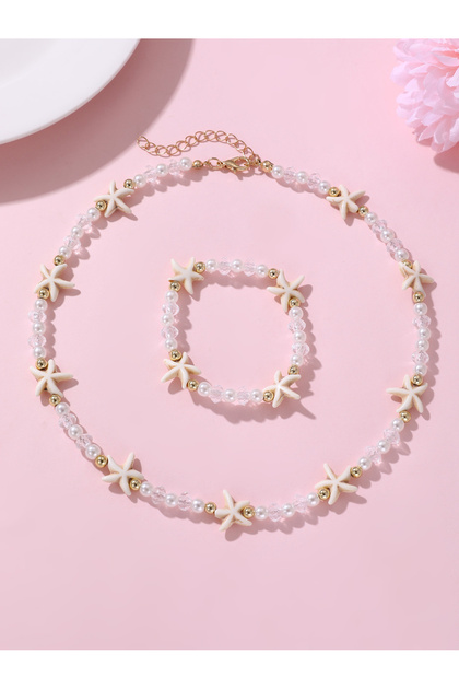 Girls White Starfish Charm Beaded Necklace and Bracelet Set