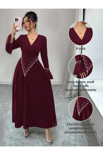 Burgundy Embellished Pleated Long Sleeve A-Line Maxi Dress