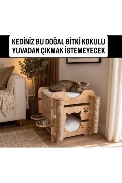 3 Fonksiyon Bir Arada Ahşap Kedi Evi