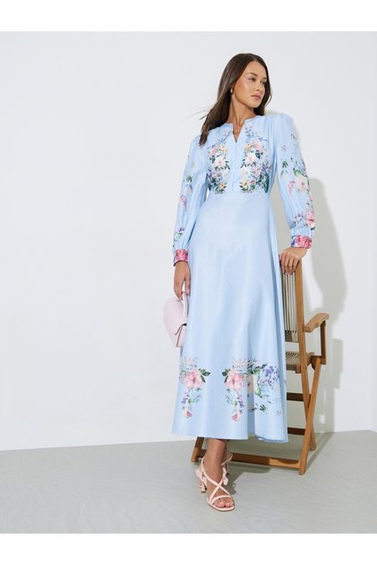 Light Blue Floral Print Notch Neck A-Line Maxi Dress