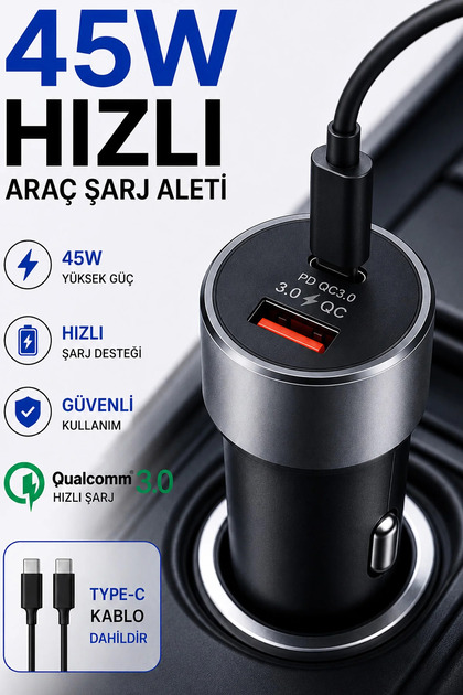 45W Hızlı Araç Şarj Aleti Type C Samsung iPhone Telefonlar İçin 45W Hızlı Araba Şarjı Cihazı ve Kabl