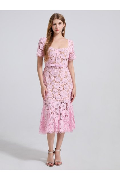 Pink Lace Mermaid Hem Midi Dress