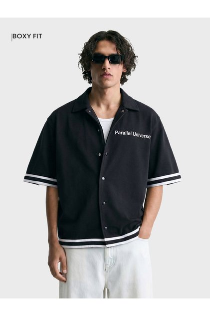Men Boxy Fit Embroidered Polo Collar Streetwear Shirt