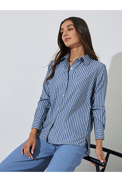 navy Blue Striped Side Slit Long Sleeves Shirt