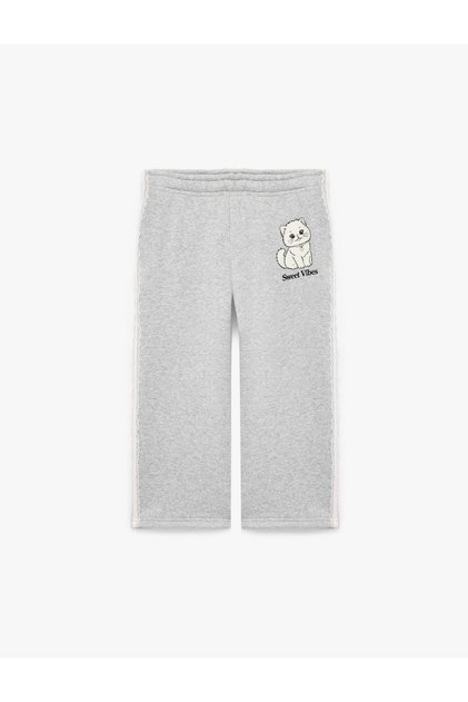 Ruffled Three-Thread Cat Print Wide-Leg Sweatpants