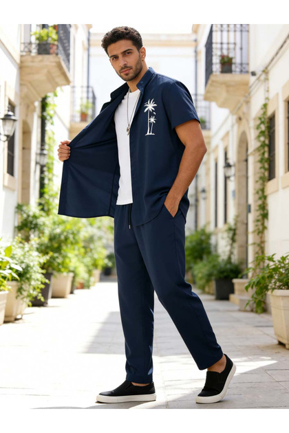Navy Blue Palm Tree Print Shirt and Trousers Co-Ord Set