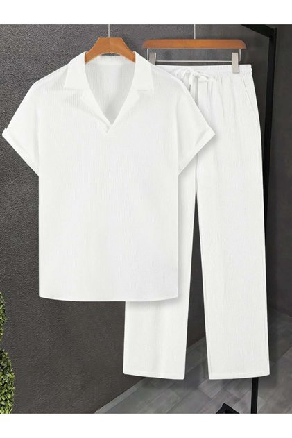 White Textured Polo T-Shirt and Trousers Co-Ord Set