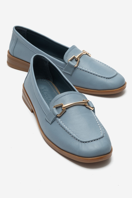 Genuine Leather Denim Blue Women's Buckle Detailed Ballerinas Andy