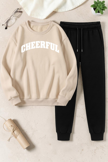 Unisex Cherful Design Printed Crew Neck Sweatshirt - 2-Piece Tracksuit Set