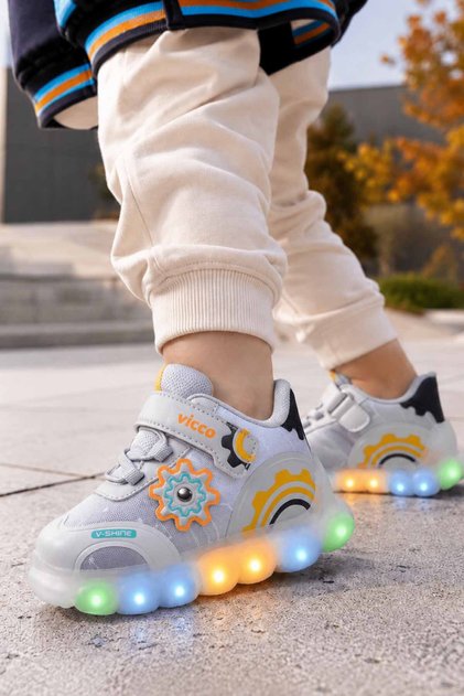 Çocuk Gri Işıklı Spor Ayakkabı Cırt Cırtlı Rahat Taban Günlük Sneaker