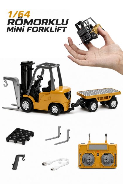 1/64 Remote Control Mini Forklift and Trailer Set Rc Engineering Vehicle Toy with Metal Accessories