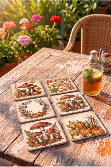 Set of 6 Pumpkin, Mushroom and Autumn Themed Decorative Mdf Coasters