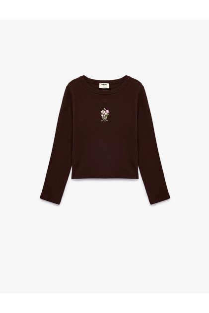 Floral Embroidered Slim Fit Cotton Crew Neck Long Sleeve T-Shirt