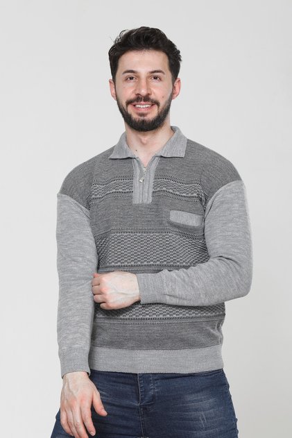 Men's Dad Middle Age and Above Knitwear Knitted Acrylic Winter Regular Fit Pocketed Zippered Polo Collar Sweater