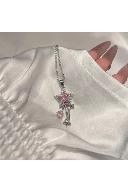Kuyruklu Yıldız Kolye - Çelik Pembe Yıldız Detaylı Kolye