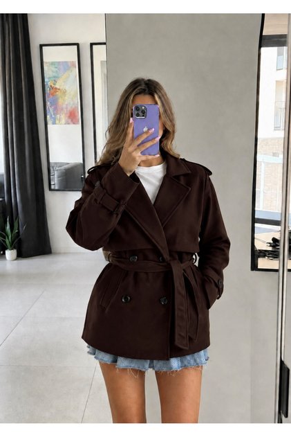 Kaşe Double-Breasted Belted Long Trench Coat