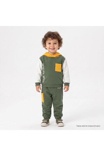 HelloBaby Erkek Bebek Eşofman Takımı Slogan Baskılı Bağcıklı Kapüşonlu Long Sleeve Lastikli
