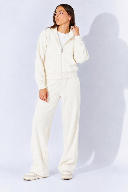Women's Ecru Hooded Zippered Kangaroo Pocket Sweatshirt