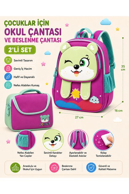 Cute Character Themed Kindergarten Bag & Thermal Lunch Box Set of 2 Green Pink