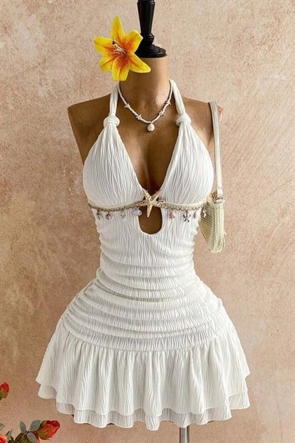 White Star Detailed Mermaidcore Drawstring Dress