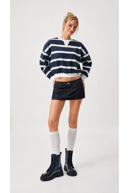 Çizgili Bisiklet Yaka Pamuklu Sweatshirt