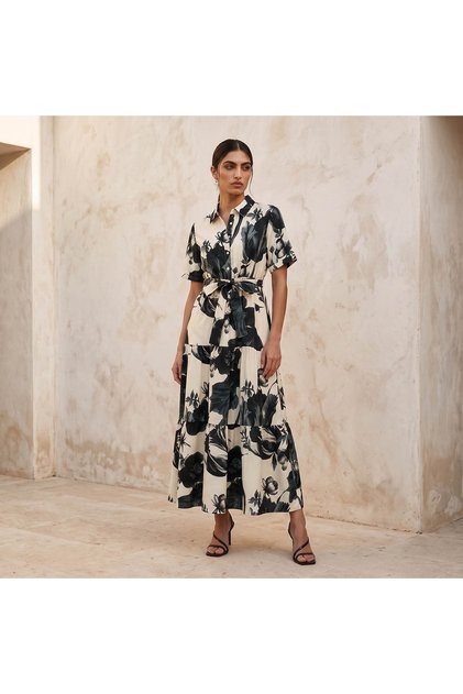 HIGH NECK SHORT SLEEVE PRINTED MIDI DRESS