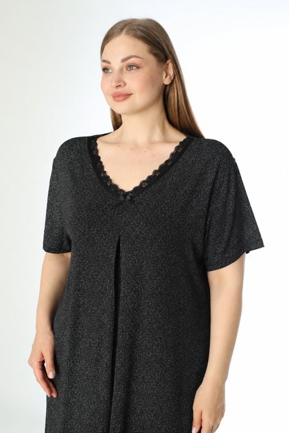 Women's Plus Size V-Neck Short Sleeve Patterned Viscose Nightgown / Black 12162