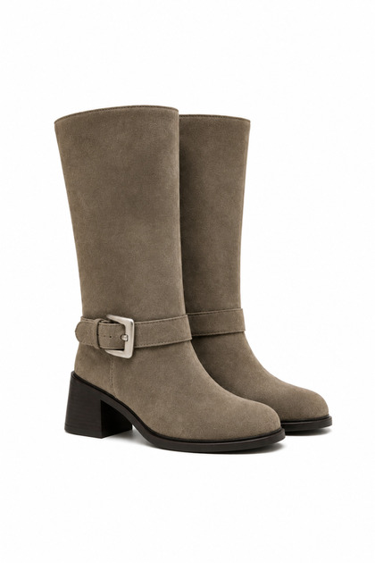 Celeste Mink Suede Women's Ankle Buckle Detailed Belted Short Thick Heeled Round Toe Boots