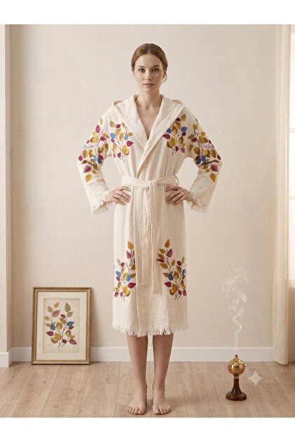 Bohemian Colorful Leaf Patterned Peshtemal Muslin Bathrobe Soft, Lightweight and Breathable Woven Fabric (100% Cotton)