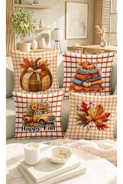 Sonbahar Balkabağı, Yaprak ve Happy Fall Desenli Turuncu Çift Taraflı Dekoratif Yastık Kılıfı - 4'lü