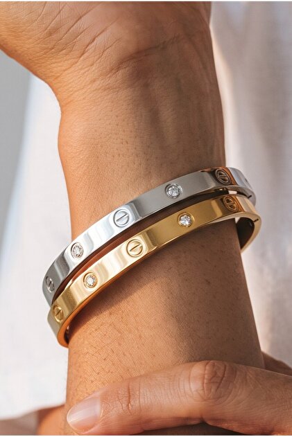 Women's 2 Piece Stone Set Bracelet, 1 Gold Color Alloy, 1 Silver Color Alloy Bracelet