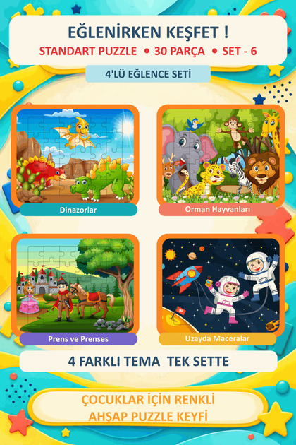 30 Parça Montessori Eğitici Ahşap Yapboz 4'lü Set - Motor Beceri Geliştirici Çocuk Puzzle (SET-6)