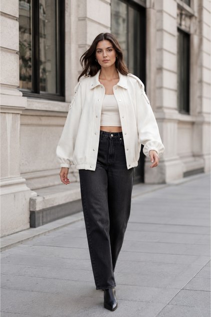 Kadın Oversize Dokulu Ceket – Çıtçıtlı, Apolet Detaylı, Lastik Manşetli Günlük Ceket