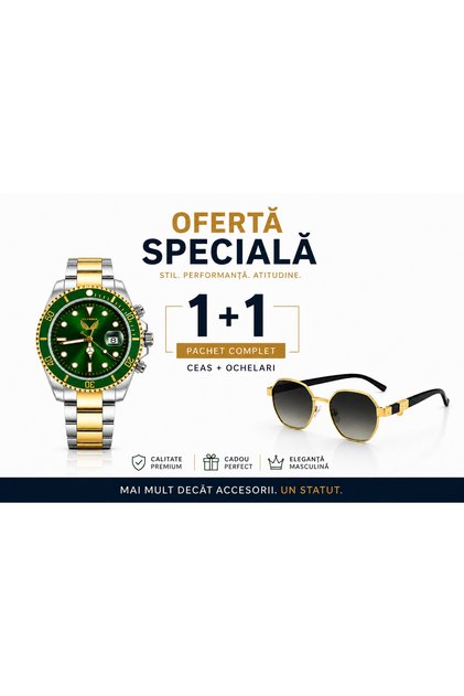 Pachet Ceas Bărbătesc Quartz cu Brățară Metalică Verde-Gold și Ochelari de Soare – Set Elegant