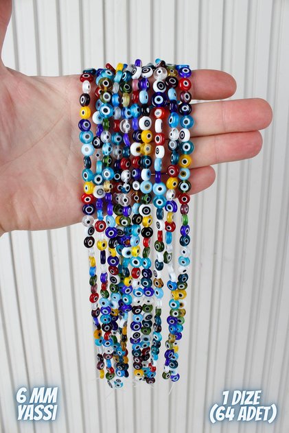 6 mm Mixed Multicolor Flat Glass Evil Eye Bead String - 1 String (64 Pieces) – Material for Bracelets, Necklaces, Prayer Beads, Keychains, Jewelry Design, and Handicraft Decoration