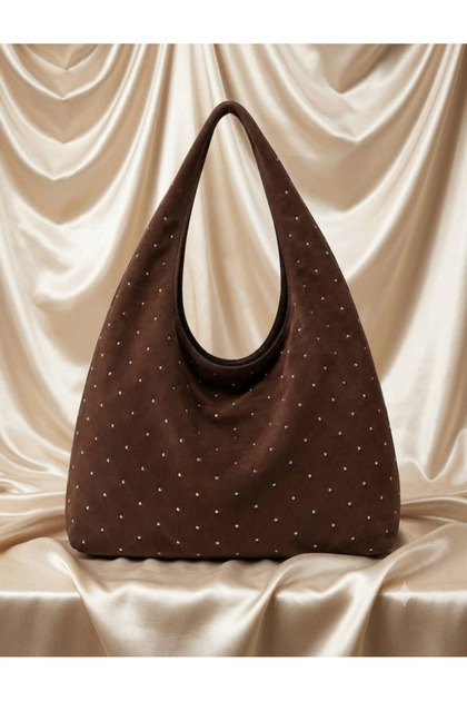 Soft Suede Studded Voluminous Hand and Shoulder Bag Burgundy Brown