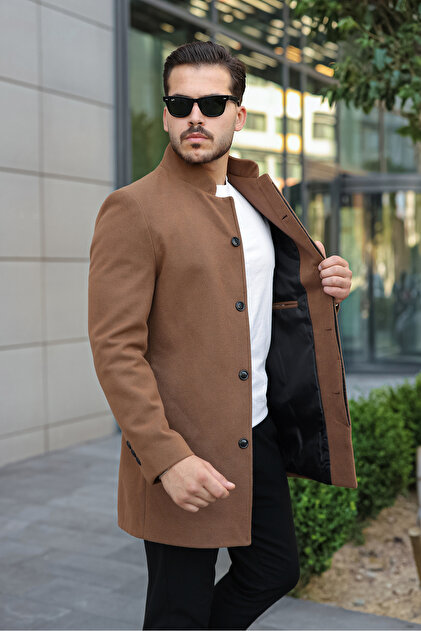 Men's Tan Slim Stand Collar Cashmere Coat