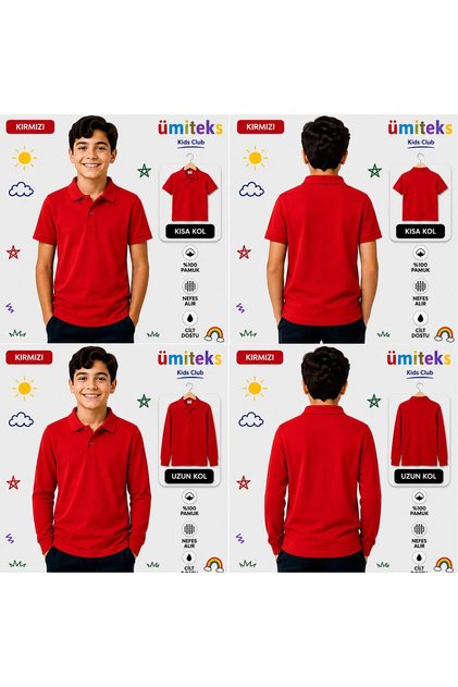 Unisex Children's Polo Collar T-Shirt 100% Cotton Short Sleeve & Long Sleeve School T-Shirt Set of 2