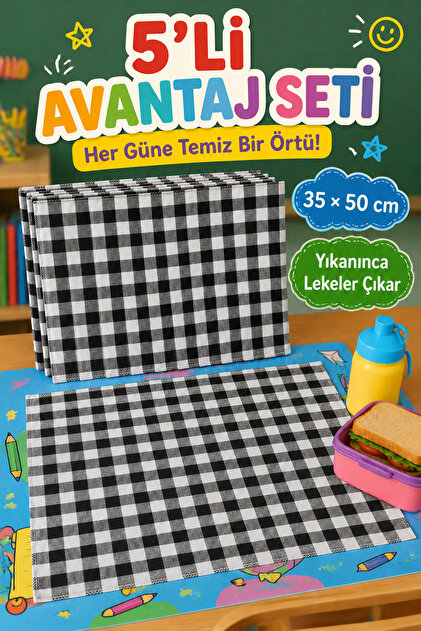 Set of 5 and Washable, Stain-Resistant Lunch Mats 35X50 cm – Different Color Options for Kindergarten and Primary School