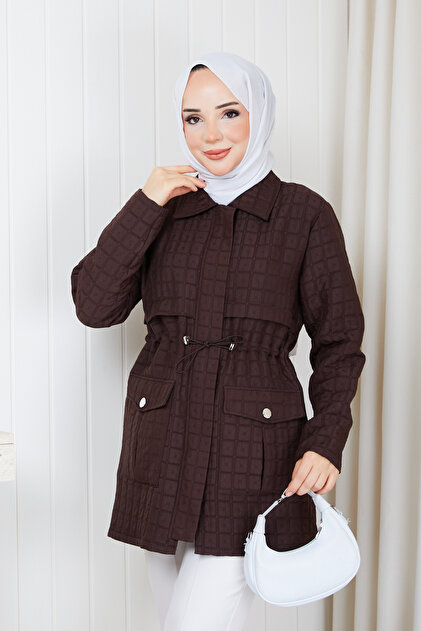 Women's Waist Tunneled Quilted Coat with Pockets