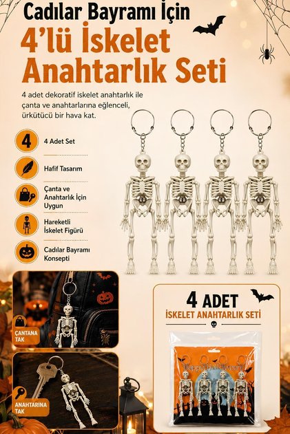 Halloween Cadılar Bayramı 4'lü İskelet Anahtarlık Seti – Hareketli İskelet Çanta ve Anahtar Süsü