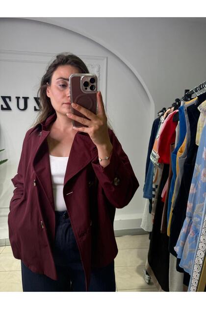 Women's Double-Breasted Collared Short Trench Coat Jacket