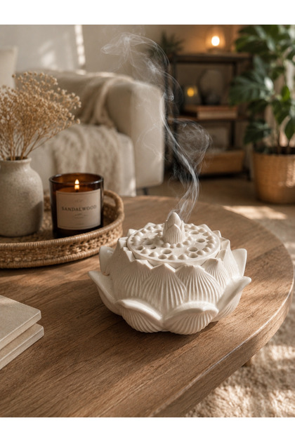 Lotus Çiçeği Formlu Kapaklı Tütsülük – Dekoratif yoga meditasyon Buhurdanlık, Konik Tütsü Kabı ve Salon Dekorasyon minimal modern mumluk Objesi