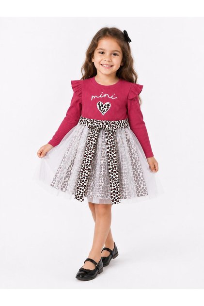 Girls' Leopard Patterned Tulle Ruffle Long Sleeve Dress