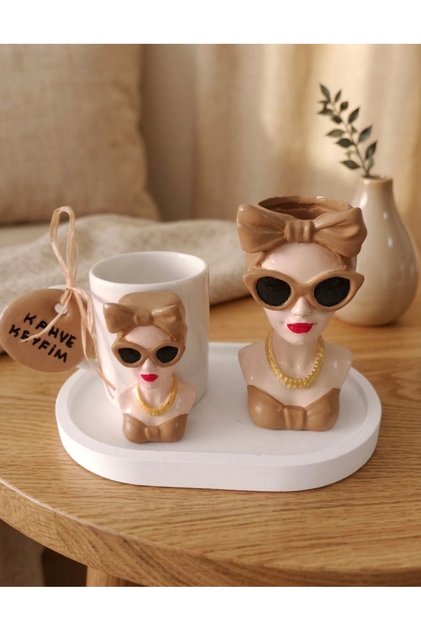 Leopard Patterned Mug and Bust Flower Pot Set, Gift Coffee Presentation Tray and Cup Set