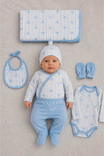 Newborn Bowknot Patterned 7-Piece Hospital-Issued Baby Set – 100% Cotton with Blanket