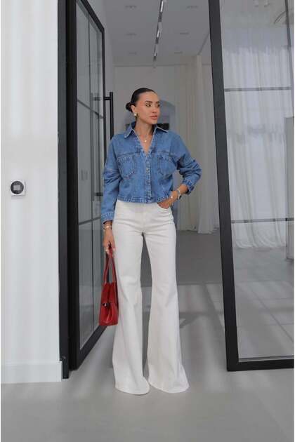 Ecru Weit geschnittene Jeans mit seitlichem Nahtdetail