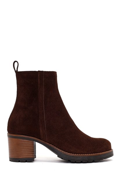 Women's Brown Zippered Thick Heeled Suede Leather Casual Boots Wf190061Ds