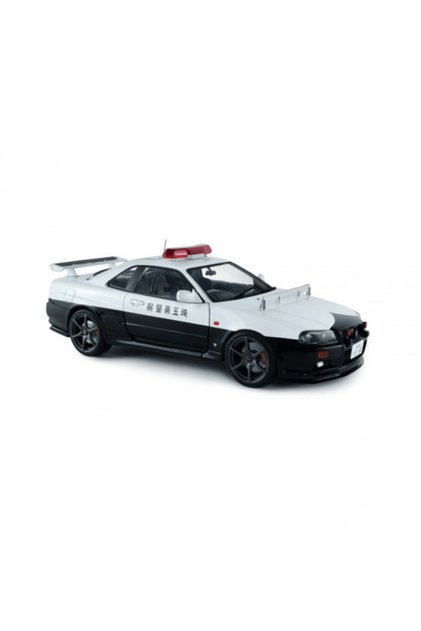 Model auto Nissan Skyline GT-R (BNR34) Poliție Japoneză Alb 1999 1:18