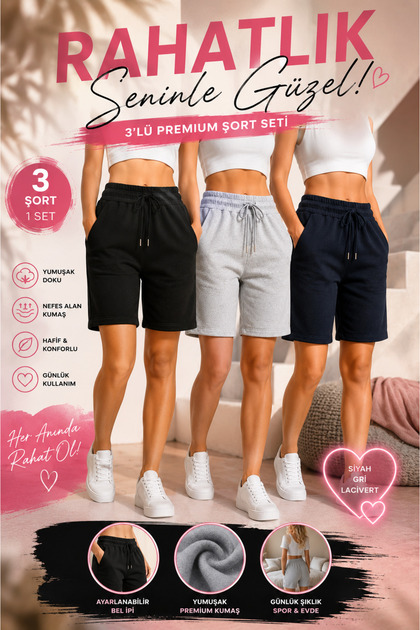 3 Pieces Trend Women's Shorts Lounge Wear Elite Comfort Premium Cotton (Black-Grey-Navy Blue)